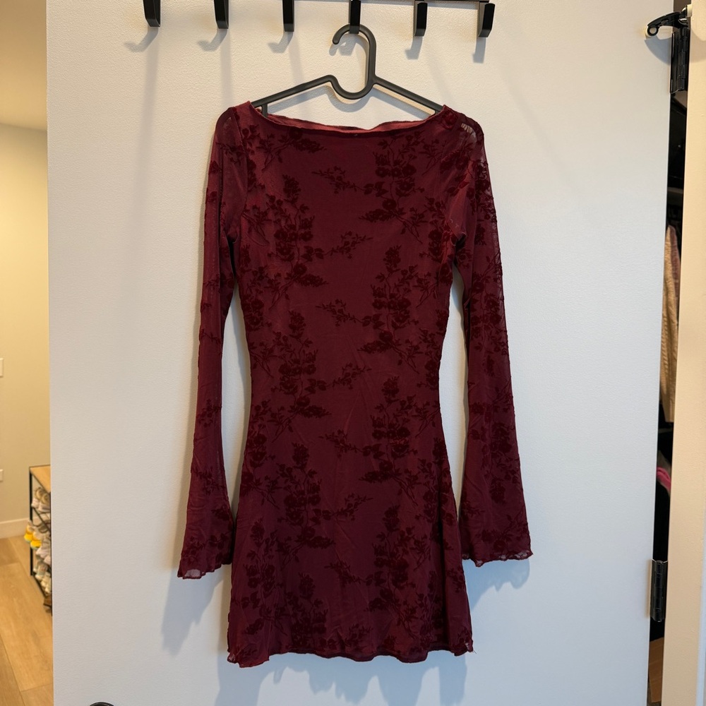 Motel Rocks Sevila Long Sleeve Mini Dress in Flocked Botanical Flower Maroon